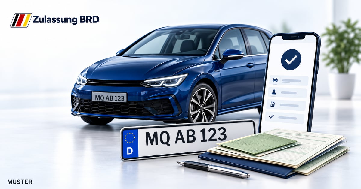 Online Fahrzeugzulassung in Saalekreis: Musterkennzeichen MQ AB 123, Auto und Fahrzeugpapiere und Smartphone. Illustration mit Logo von Zulassung BRD.